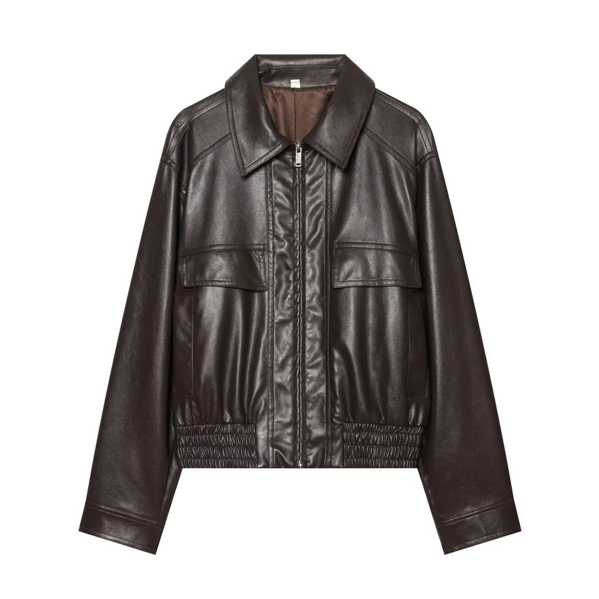 Women's Cropped Bomber Jacket made of Faux Leather with Shirt Collar and Gathered Hem