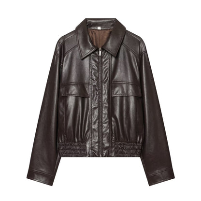 Women's Cropped Bomber Jacket made of Faux Leather with Shirt Collar and Gathered Hem