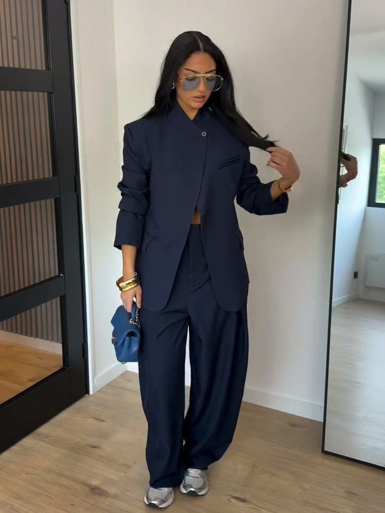 Women Two-Piece Oversized Blazer with Stand Collar and Wide Pleat Trousers EVA-US