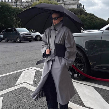 Women Oversized Trench Coat with High Stand Collar, Tie Belt and Concealed Button Placket EVA-US