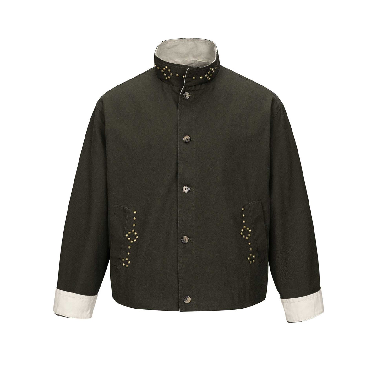 Unisex Short Blouson Jacket with High-Collar Studded Neck and Utility Pockets EVA-US
