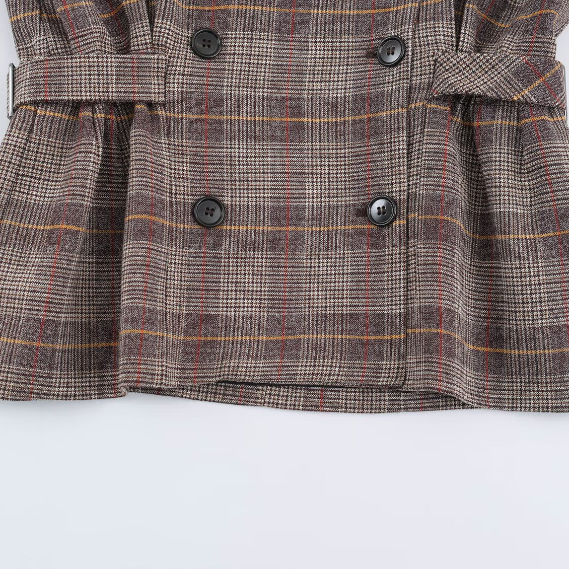 Ladies Short Double-Breasted Tailored Check Jacket with Stand Collar and Waist Straps EVA-US