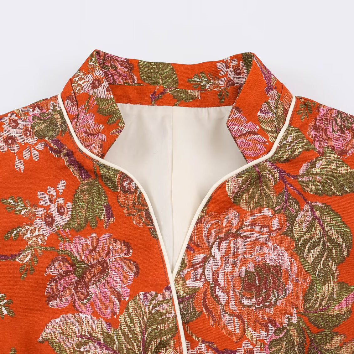 Women's short blazer in brocade jacquard with stand-up collar and piped edge EVA-US