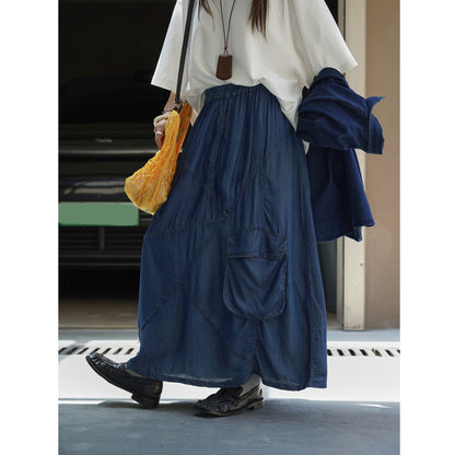 Women's Long Denim Maxi Skirt with Elastic Drawstring Waistband and Attached Cargo Pocket EVA-US