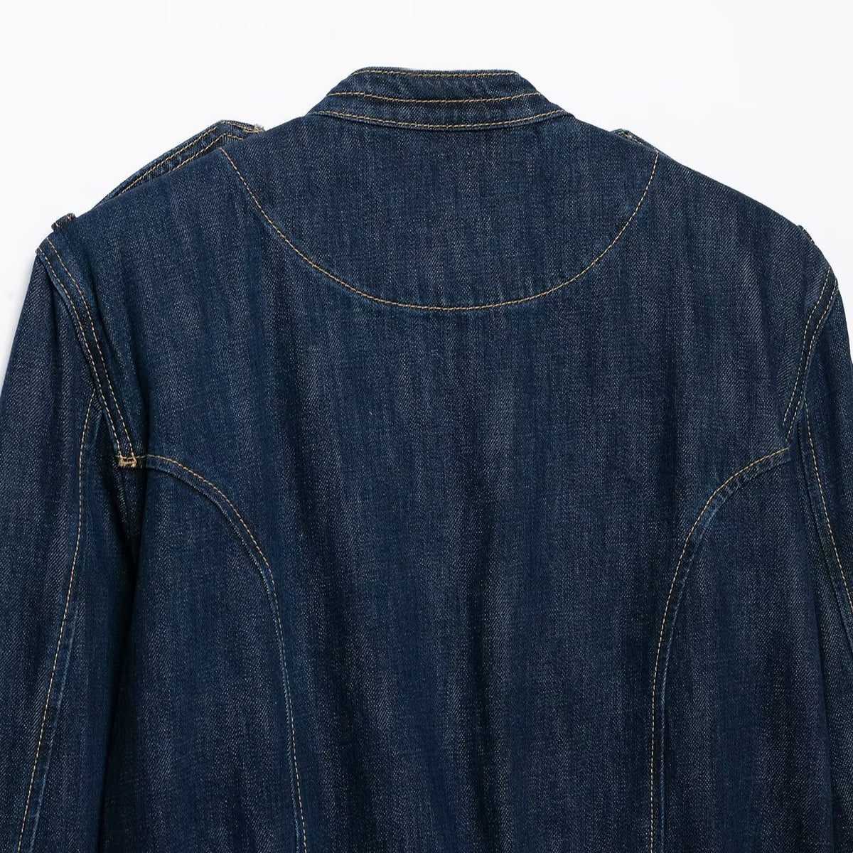 Women's Cropped Denim Field Jacket with Decorative Double Row and Stand-Up Collar EVA-US