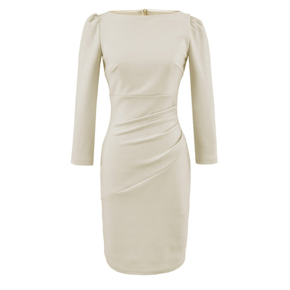Women Figure-hugging Midi Dress with Gathered Wrap Look and Long Sleeves EVA-US