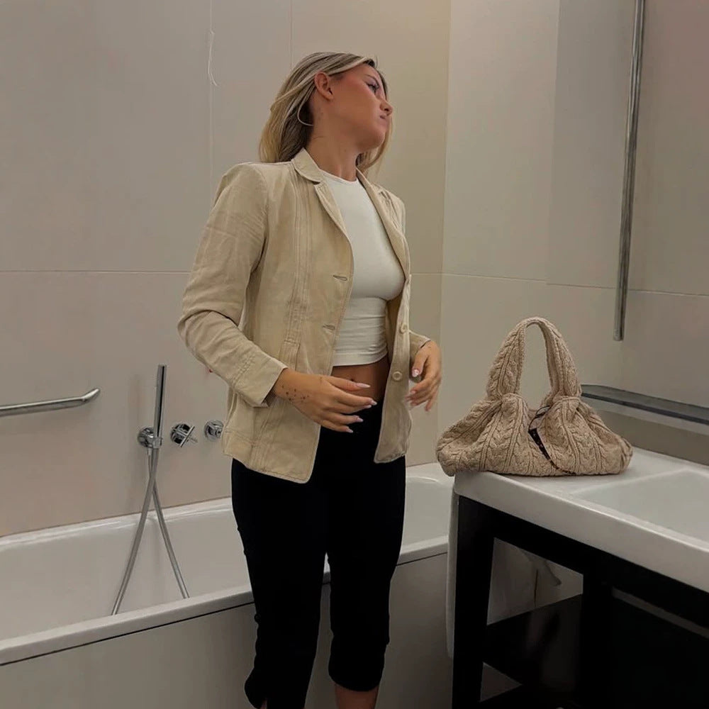Women Lightweight Structured Linen Blazer with Relaxed Fit, One-Button Closure & Flap Pockets EVA-US