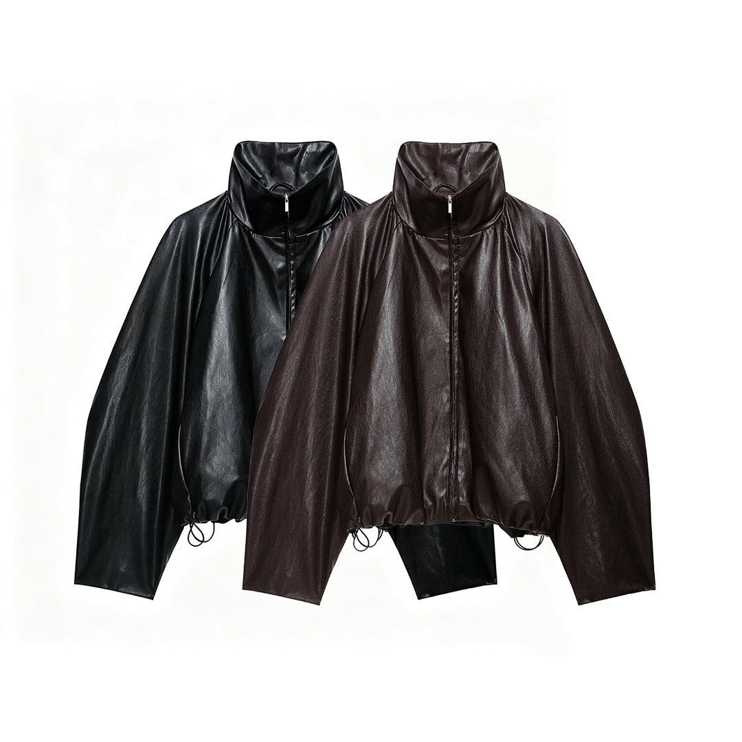 Women's Oversize Jacket in Leather Look with High Funnel Collar, Raglan Sleeves and Drawstring Hem EVA-US