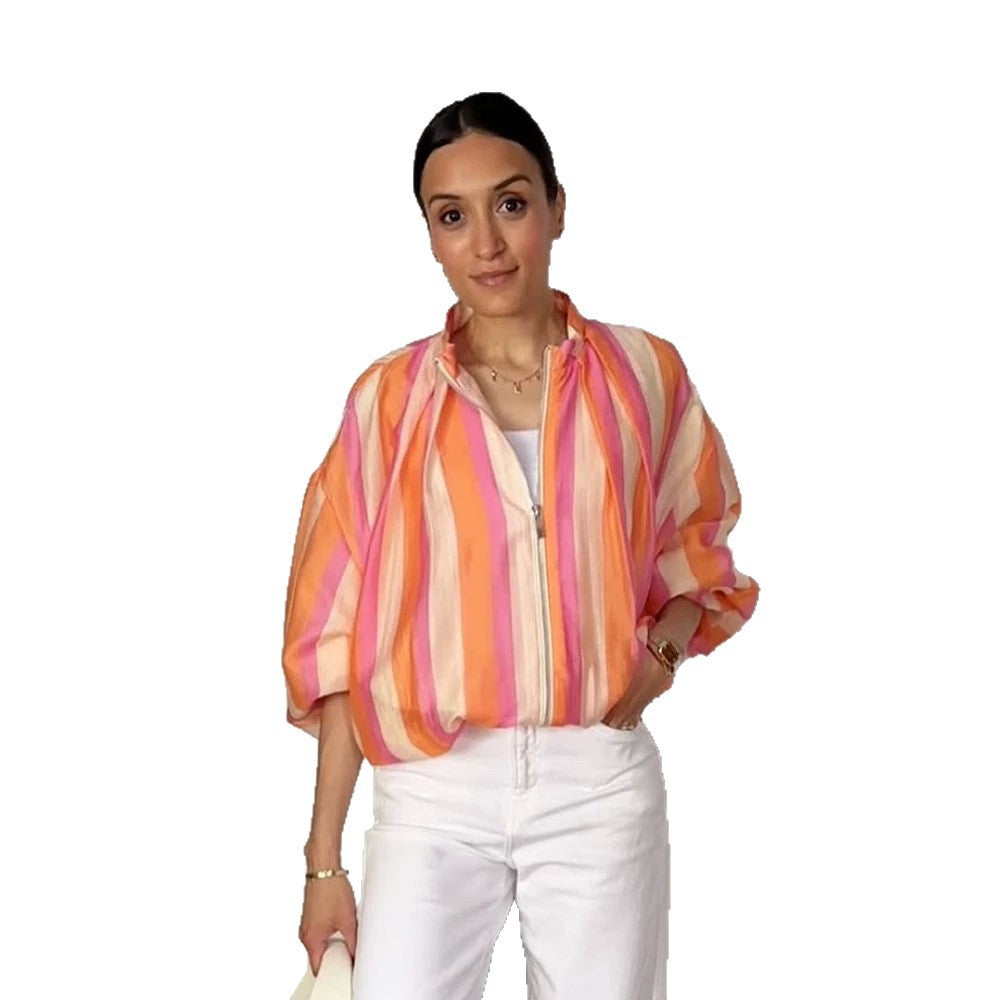 Women Striped Lightweight Bomber Jacket with Balloon Sleeves and Stand Collar EVA-US