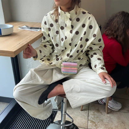 Women's Boxy Shirt Jacket with Stand Collar, Balloon Sleeves, and Large Polka Dot Print EVA-US