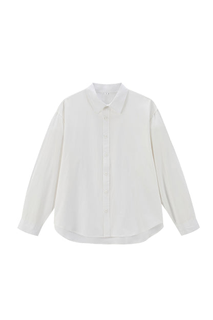 Women's Oversize Cotton Blouse with Kent Collar and Rounded Hem