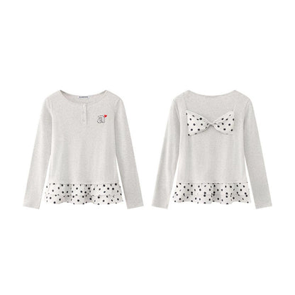 Women's Long Sleeve Henley Layering Top with Ruffle Underlay and Heart Patch EVA-US
