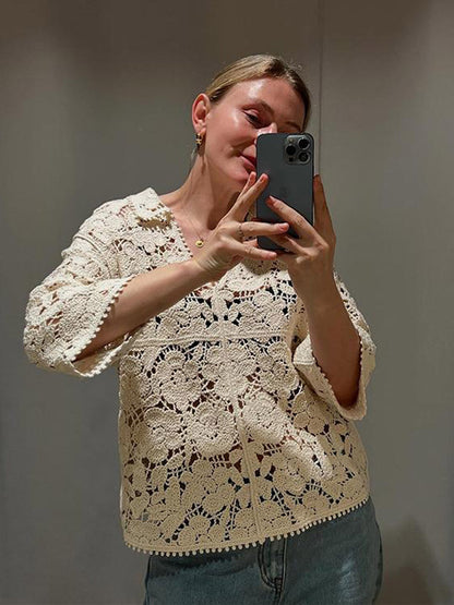 Women Crocheted Blouse with Floral Openwork Pattern and Three-Quarter Sleeves EVA-US