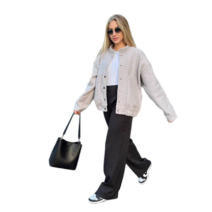 Women's teddy fleece bomber jacket in boxy cut with snap button closure and patch pockets EVA-US