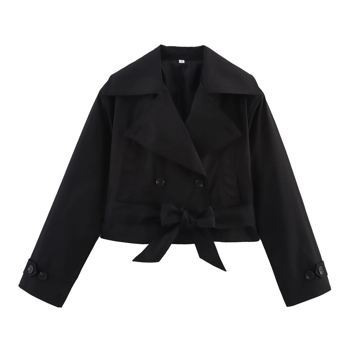 Women Short Cropped Trench Coat with Wide Shawl Collar, Waist Belt to Tie and Decorative Cuffs EVA-US