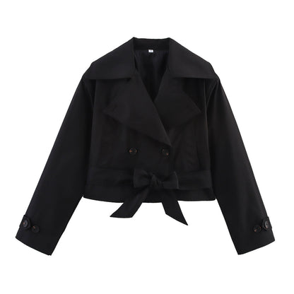 Women Short Cropped Trench Coat with Wide Shawl Collar, Waist Belt to Tie and Decorative Cuffs EVA-US