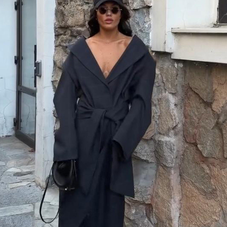 Women’s Oversize Wrap Coat with Wide Shawl Collar and Tying Belt EVA-US