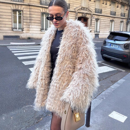 Women Oversize Curly Faux Fur Coat in Shaggy Look EVA-US