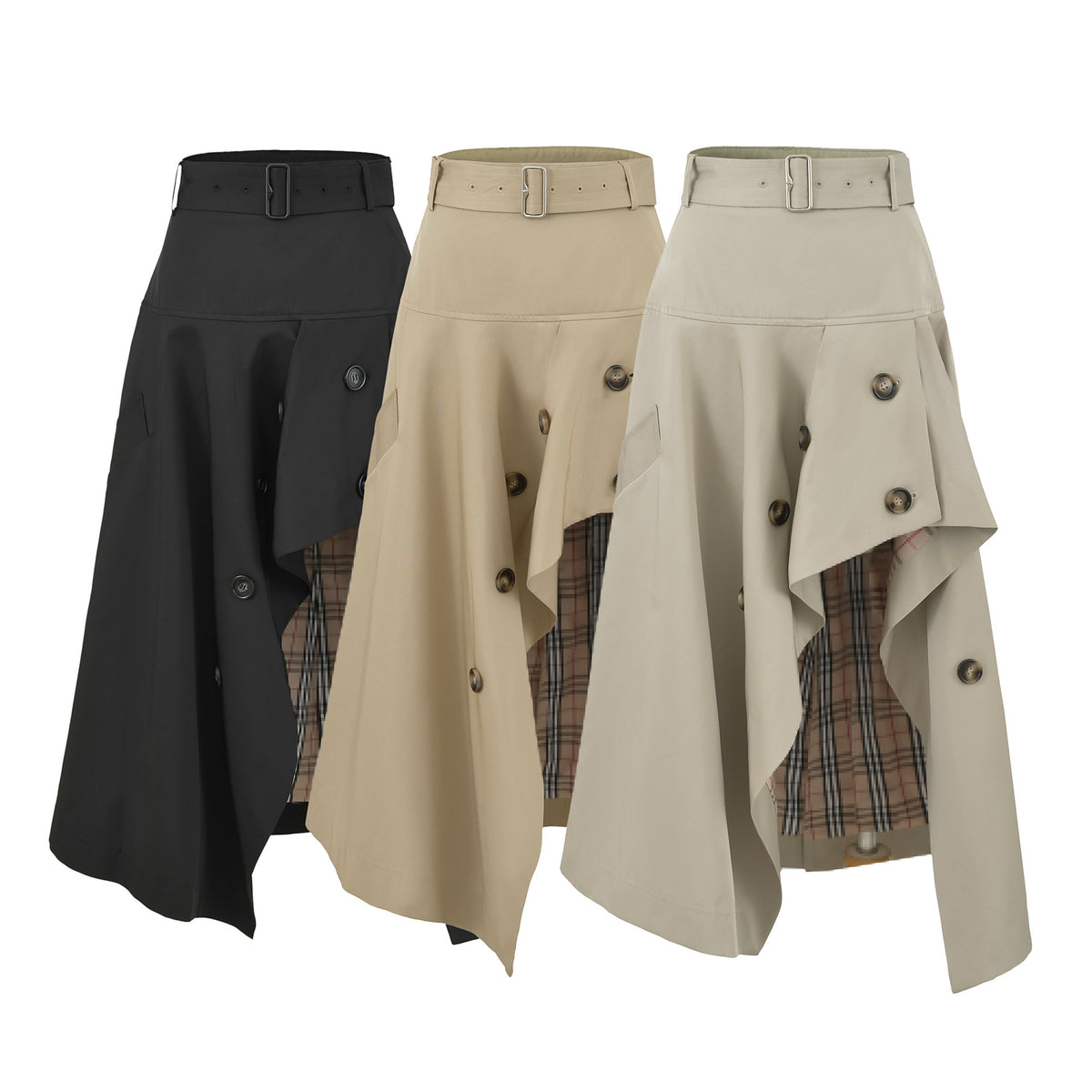 Women's Asymmetrical Trench Skirt with Waist Belt and Decorative Buttons EVA-US