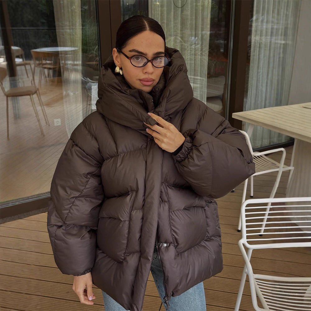 Women's Oversize Quilted Jacket with High Shawl Collar and Padded Filling EVA-US