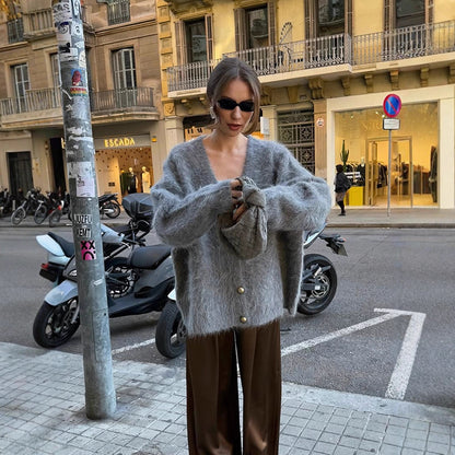 Women Fluffy Mohair-Optics Oversize Cardigan with V-Neck and Golden Decorative Buttons EVA-US