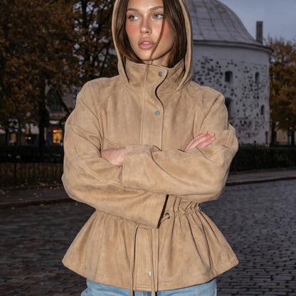 Women Short Jacket in Suede Look with Hood and Waist Drawstring EVA-US