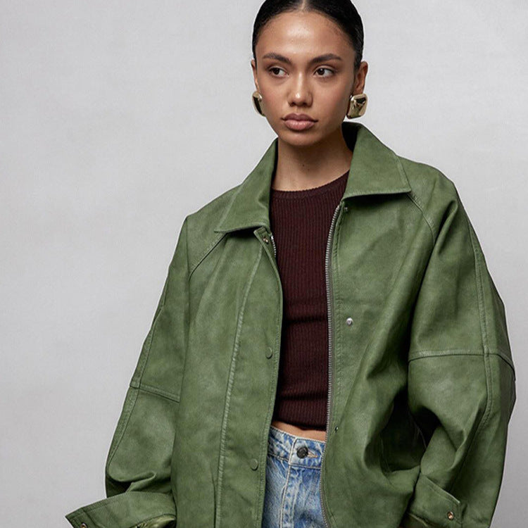 Women's Oversize Faux Leather Jacket in Boxy Cut with Raglan Sleeves and Two-Way Zipper EVA-US