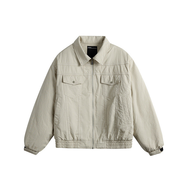 Men's short boxy blouson with shirt collar, utility chest pockets, and elastic hem EVA-US