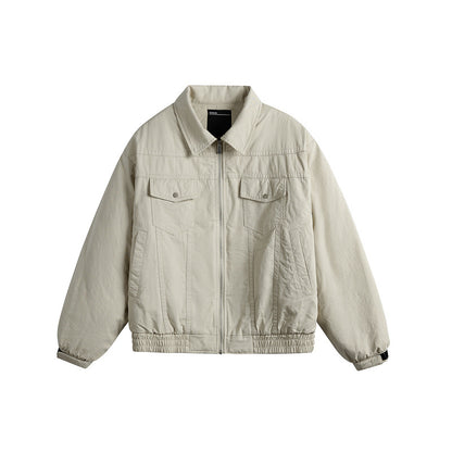 Men's short boxy blouson with shirt collar, utility chest pockets, and elastic hem EVA-US