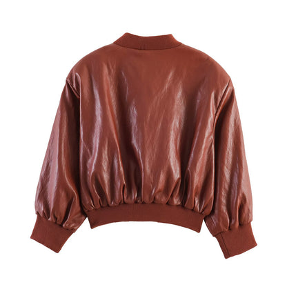 Women's Shiny Faux Leather Bomber Jacket with Ribbed Collar, Concealed Snap Button Placket and Kangaroo Pockets EVA-US