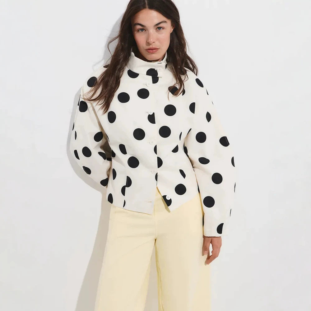 Women's Polka Dot Stand Collar Blouse with Oversized Sleeves and Boxy Cropped Silhouette EVA-US