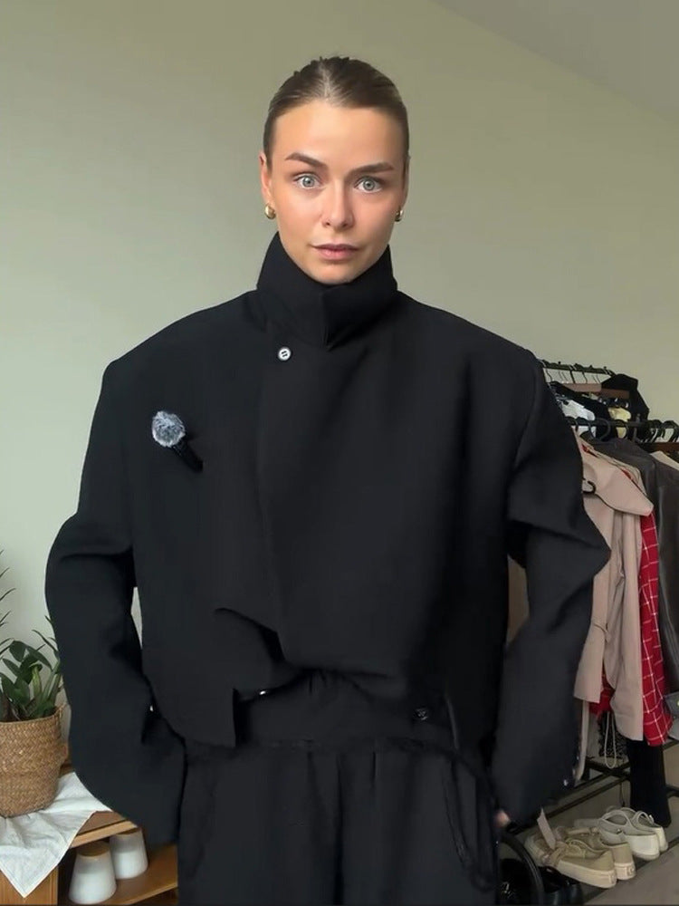 Women Asymmetric Cropped Boxy Jacket with High Stand Collar and Structured Shoulder Area EVA-US