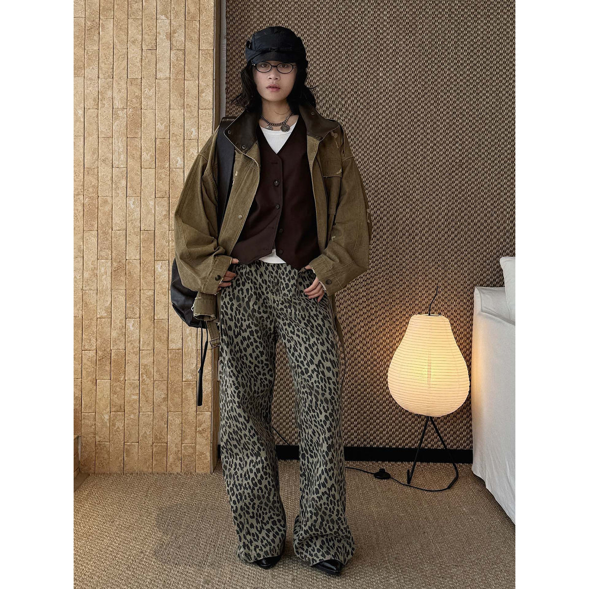 Women Wide High-Waist Palazzo Pants in Leopard Print with Relaxed Fit and High Waist EVA-US