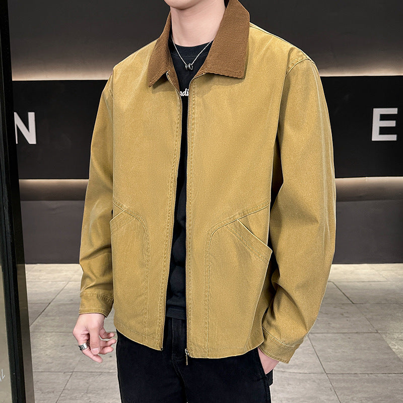 Men's canvas field jacket with cord collar, full-length zipper, and ergonomic seam details EVA-US