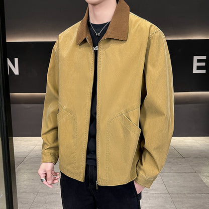 Men's canvas field jacket with cord collar, full-length zipper, and ergonomic seam details EVA-US