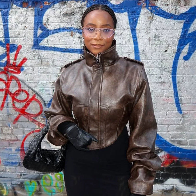 Women Cropped Faux Leather Corset Jacket with High Standing Collar and Extended Sleeves EVA-US