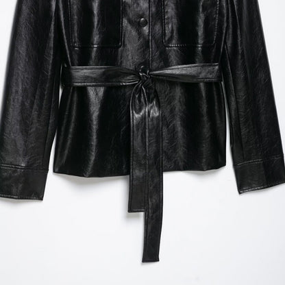 Women's fitted faux leather trench coat with stand-up collar, flapped pockets and tie belt EVA-US