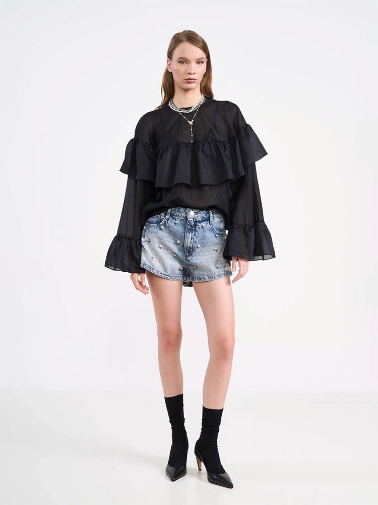 Women's Transparent Ruffle Blouse with Double Ruffle and Bell Sleeves EVA-US