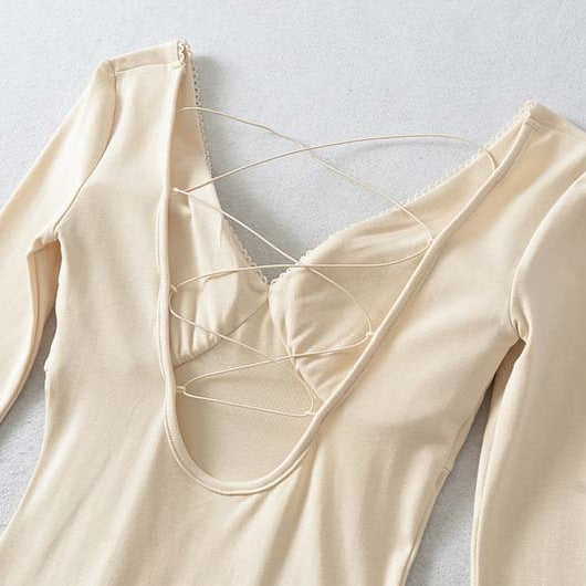 Ladies form-fitting mini dress with a deep V-neckline, gathered bust, and crossed back straps EVA-US
