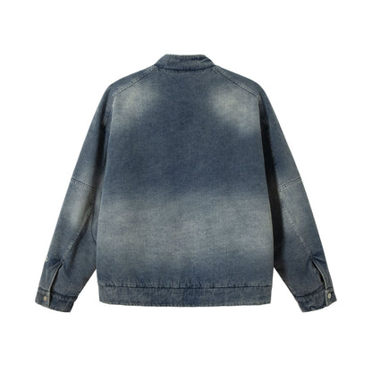 Men's jeans bomber jacket with vintage wash, patch detail and stand-up collar EVA-US