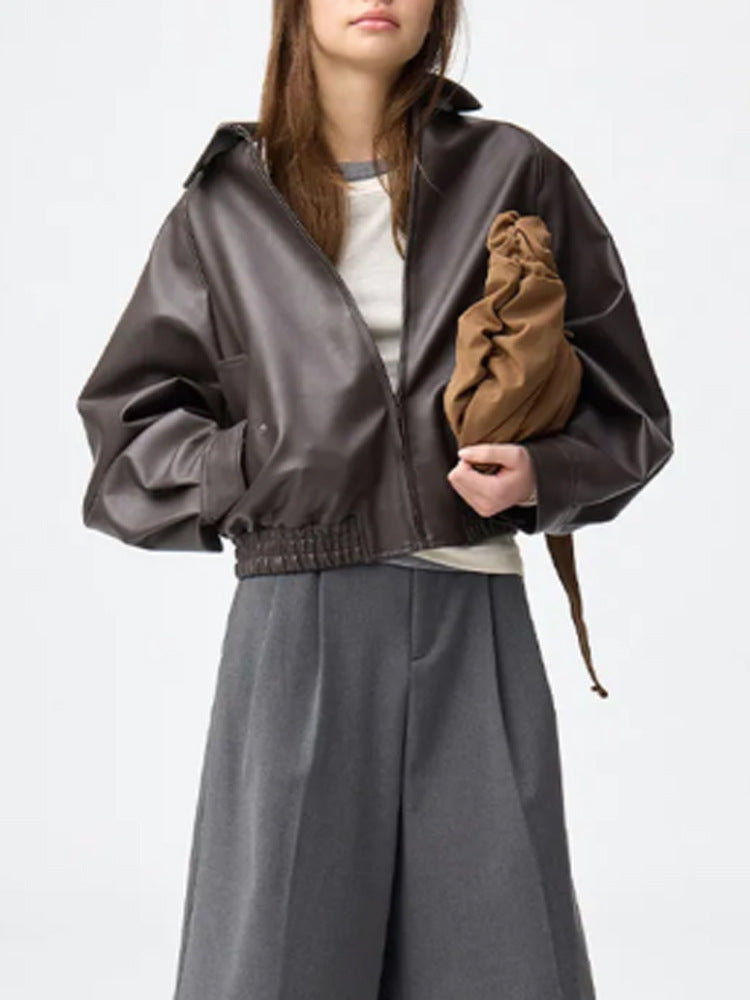 Women Boxy Cropped Faux Leather Jacket with Concealed Zipper and Elastic Hem EVA-US