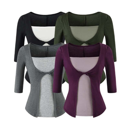Women Layered Look Shirt with Knot Front, Three-Quarter Sleeves and Integrated Under Top EVA-US