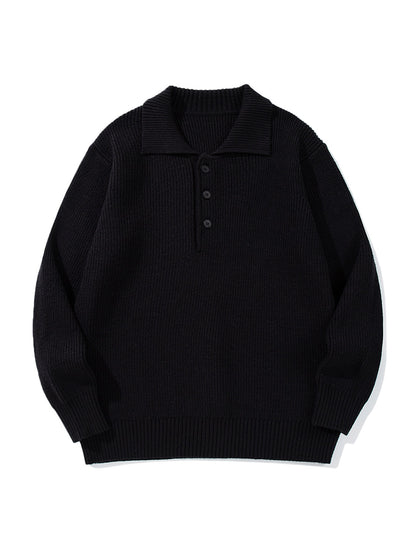 Men's Ribbed Polo Collar Sweater with Triple Button Placket and Relaxed Fit EVA-US