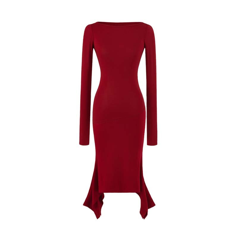Women Figure-Hugging Midi Dress with Asymmetrical Hem and Panel Design EVA-US