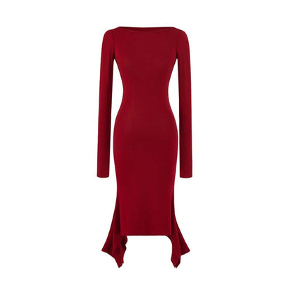 Women Figure-Hugging Midi Dress with Asymmetrical Hem and Panel Design EVA-US