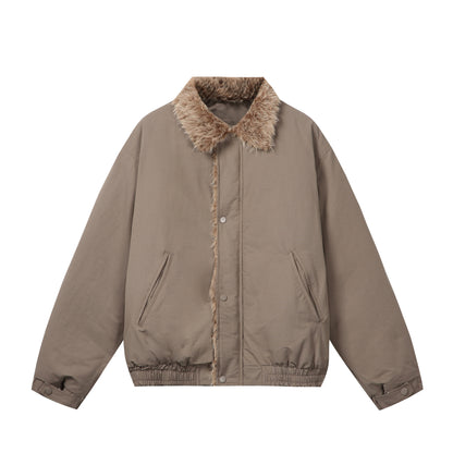 Women's Minimalist Thermo Blouson Jacket with Faux Fur Shawl Collar and Elastic Tunnel Drawstring Hem EVA-US