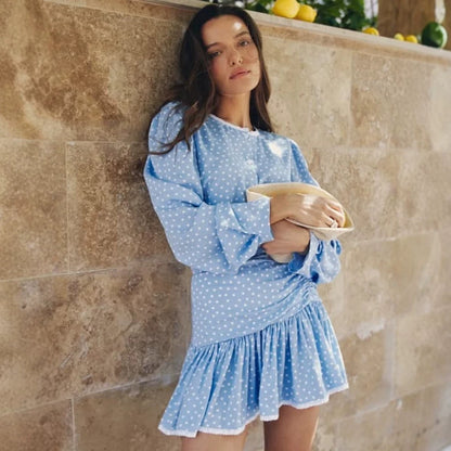Women's Playful Polka Dot Two-Piece with Ruffled Mini Skirt and Puff Sleeves EVA-US