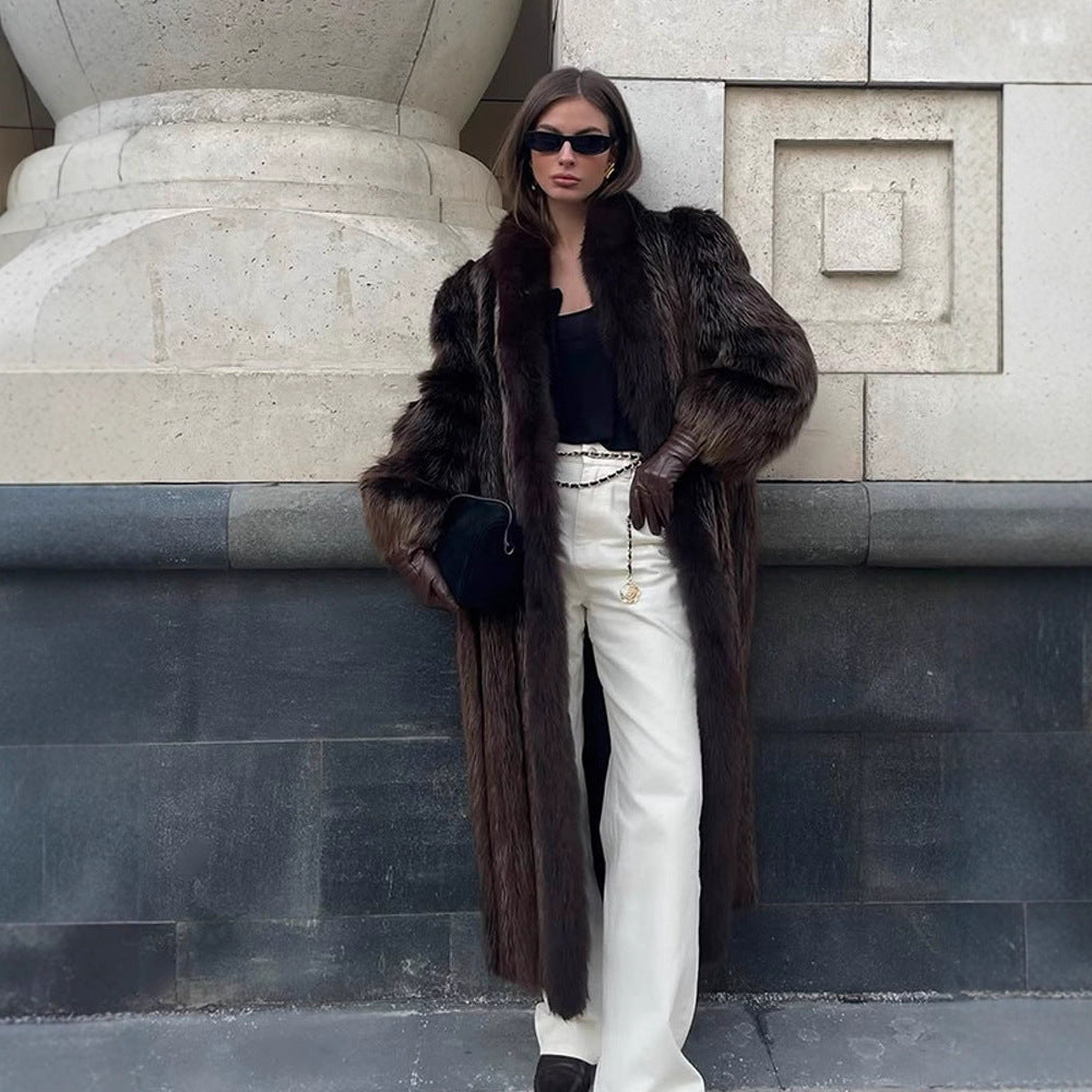 Women Luxurious Long Fur Coat with Wide Collar and Voluminous Sleeves EVA-US