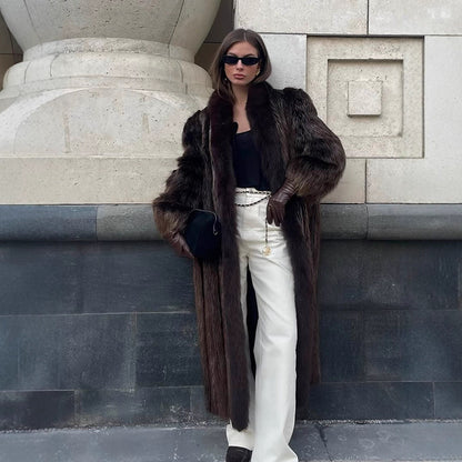 Women Luxurious Long Fur Coat with Wide Collar and Voluminous Sleeves EVA-US