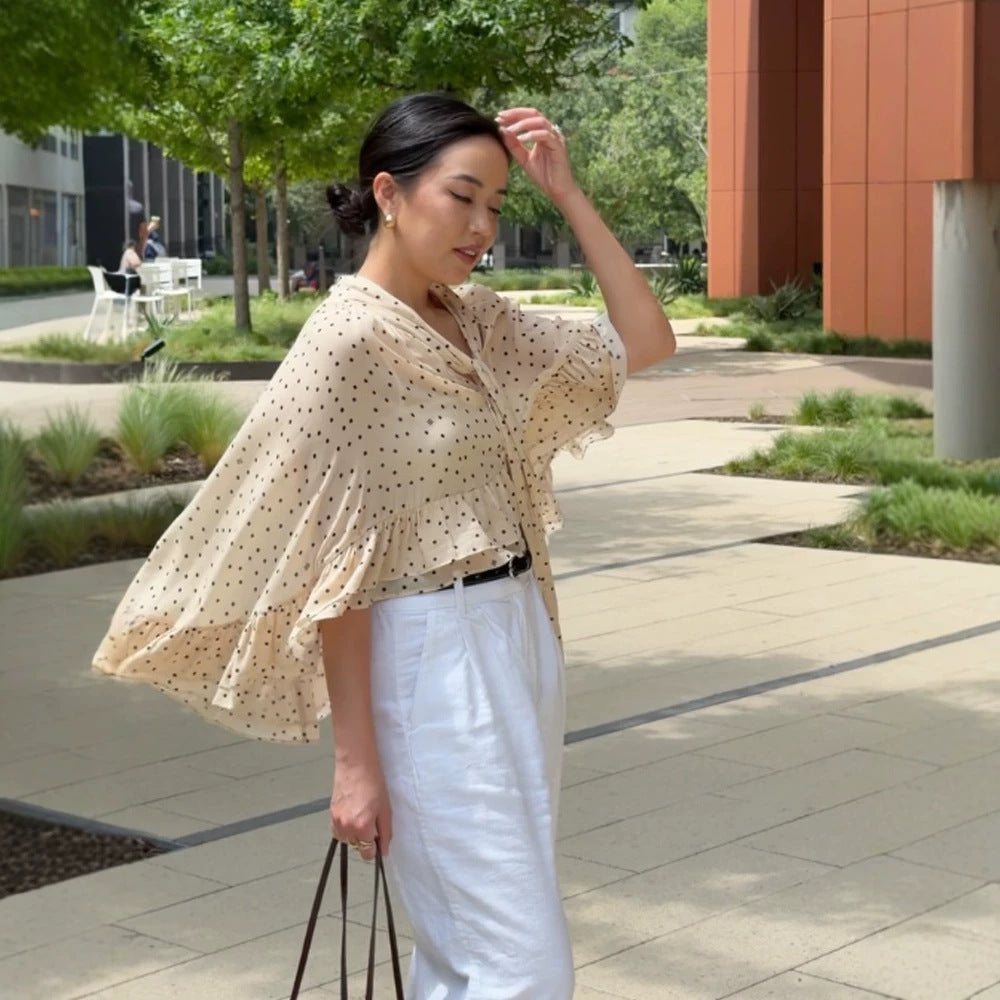 Women’s transparent polka dot chiffon cropped blouse with tie band, ruffles and cape cut EVA-US